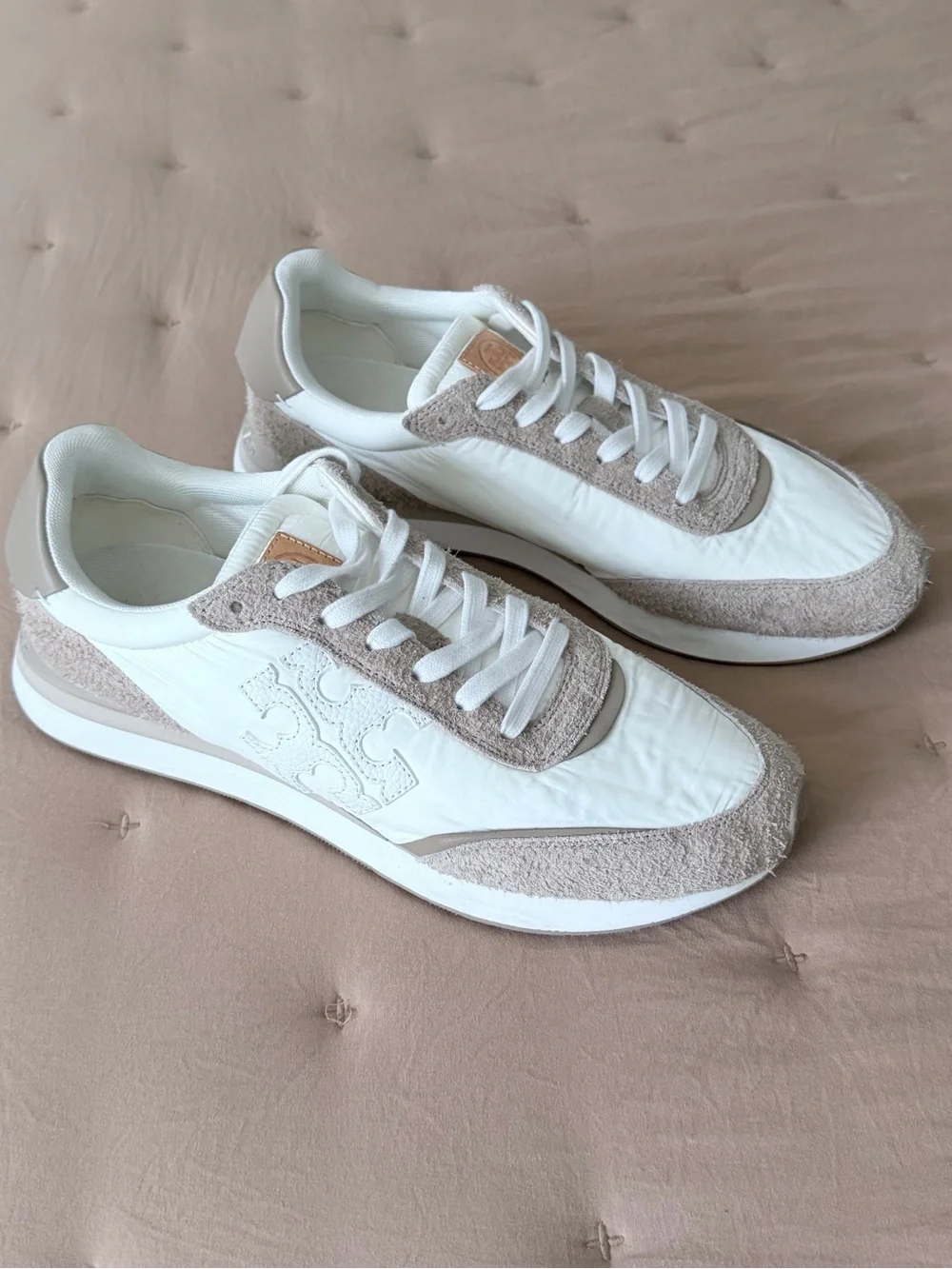 Tory Burch White and Beige Suede-Trim Sneakers